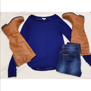 Blue Lace On Back Long Sleeve Top SIZE SMALL